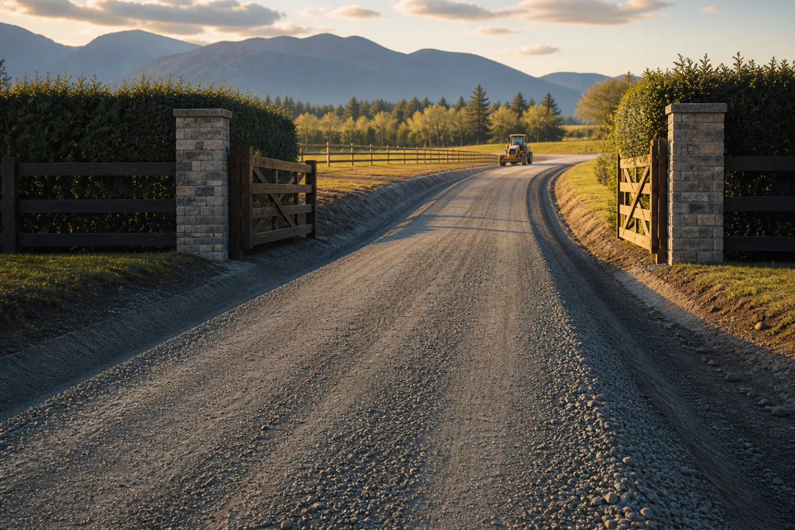 A gravel access road shaped with a visible crown and graded shoulders