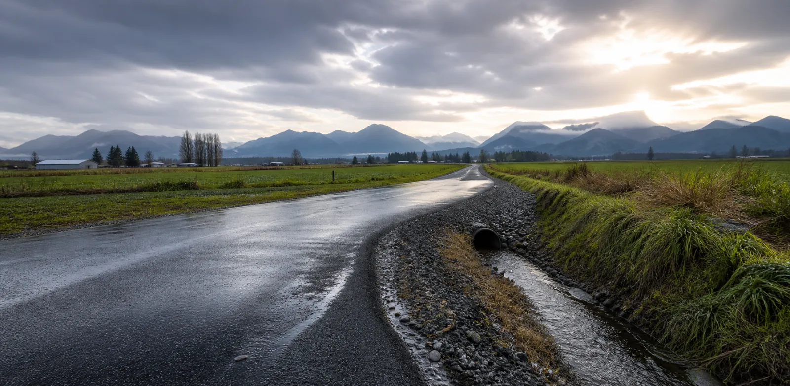 Rainwater moving from a wet asphalt surface toward a roadside drainage swale